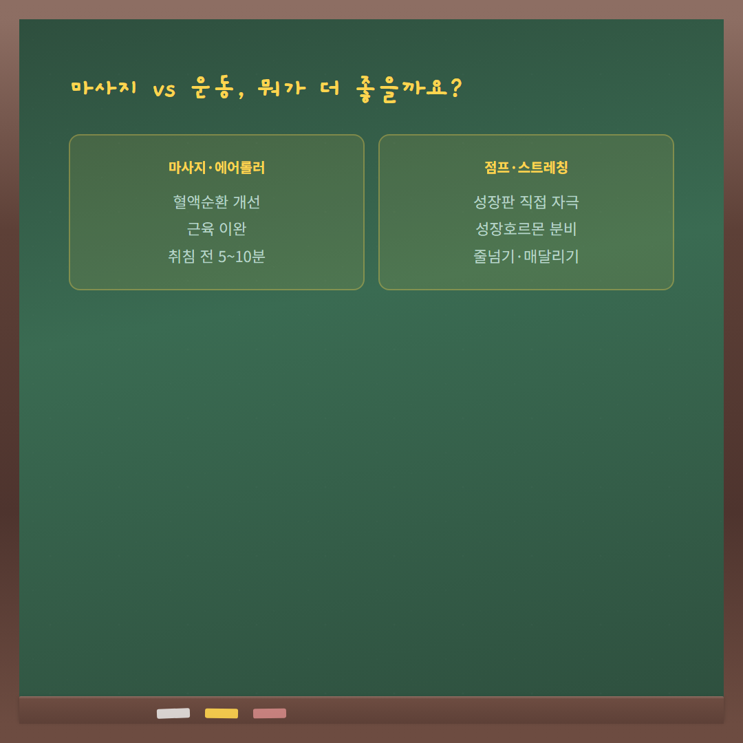 성장판 에어롤러 - 마사지 vs 운동 비교 카드